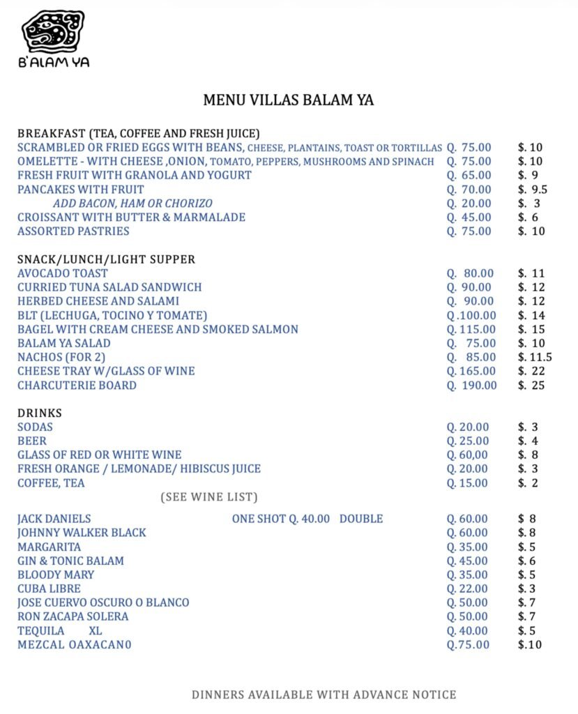 B'alam Ya Cafe menu featuring breakfast, lunch, drinks, and dinner options with prices.