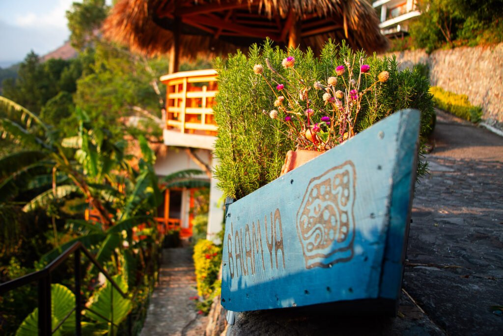 Blue planter box with B'alam Ya sign and lush greenery.