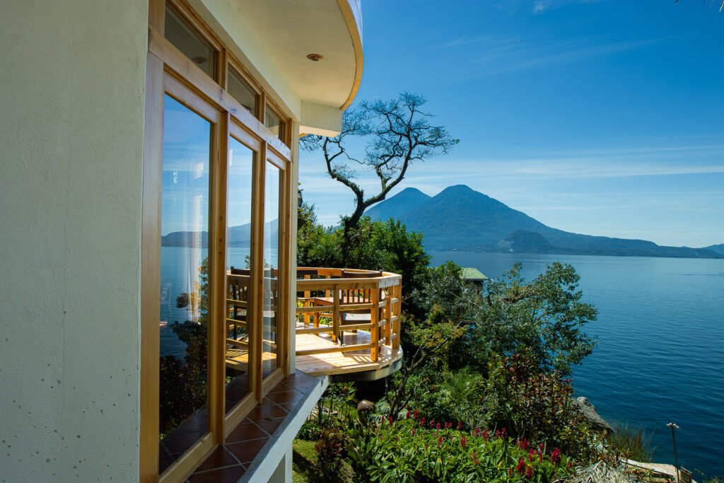 Villa Gio balcony view of Lake Atitlán and mountains.