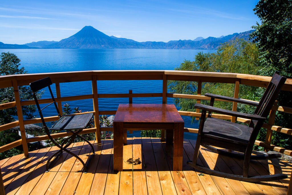 Lake Atitlán view from Villa Gio with table and chairs