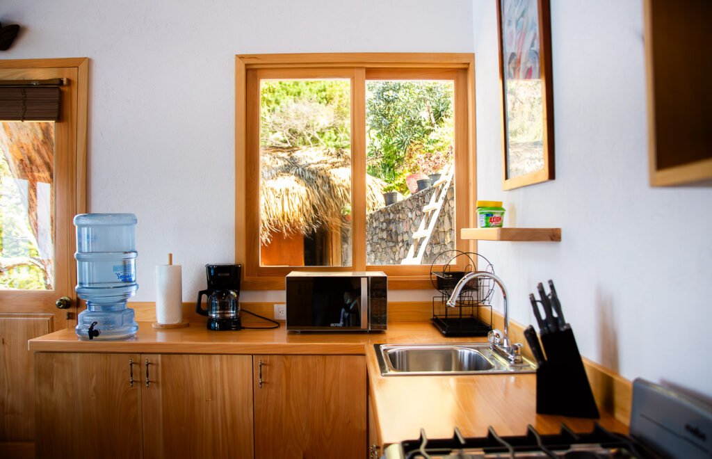 Villa Shakti kitchen with water dispenser, microwave, sink, and window view of tropical plants.